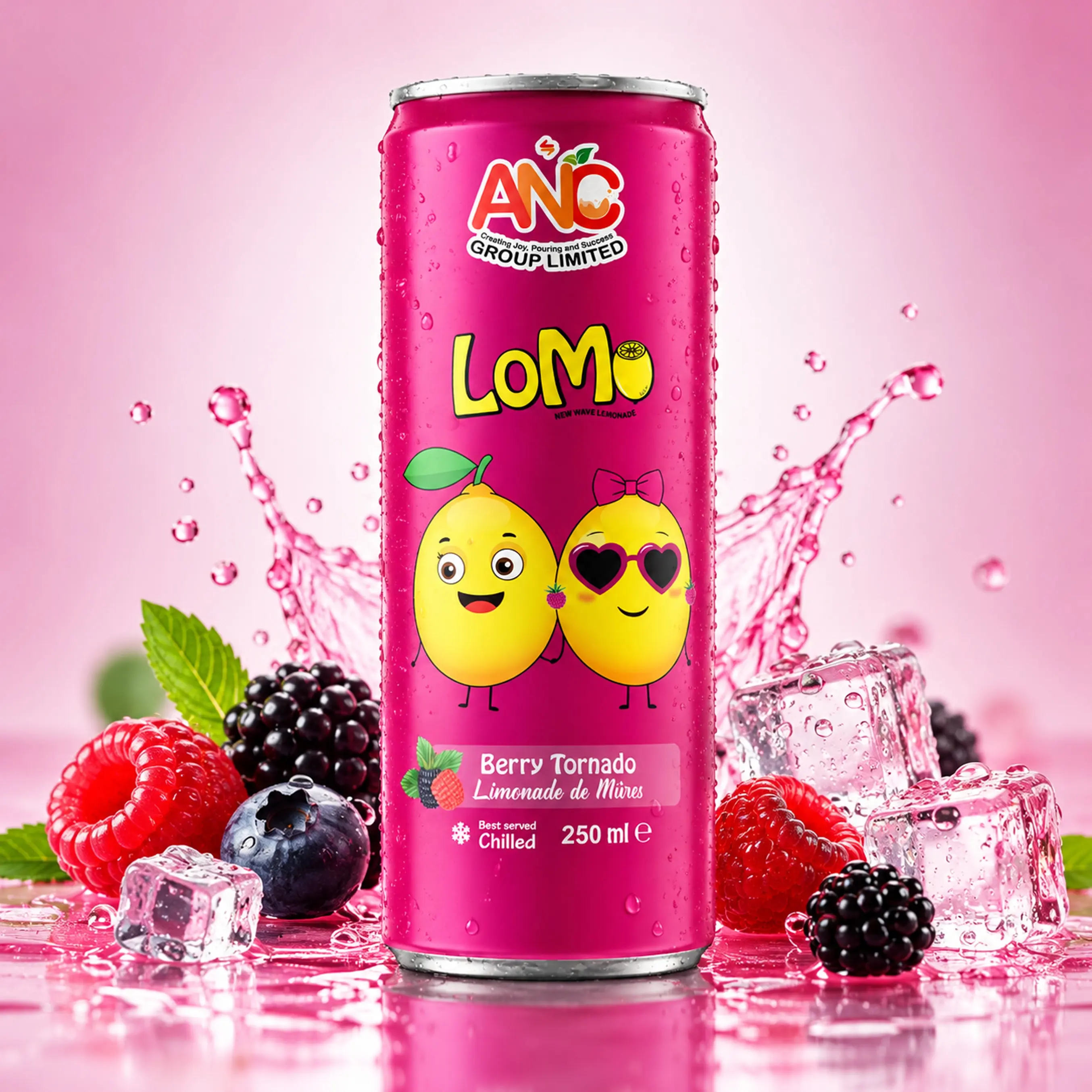 LOMO Berry Tornado 250ml lemonade can with raspberries, blackberries, blueberries and ice cubes.
